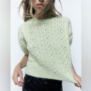 NWOT Zara Wool & Alpaca Blend Light Green Knit Sweater with Pearls